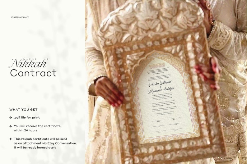 Może przedstawiać: Złoty, oprawiony kontrakt Nikkah z imionami "Shahid Edward & Rumana Siddiqui" napisanymi kaligraficznie. Kontrakt jest na białym tle z złotymi akcentami.