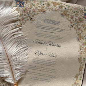 Vintage Blumen Nikkah-Zertifikat, Islamischer Hochzeitsvertrag, Nikah Nama, Muslimisches Ehezeichen, Personalisierte Namen, Islamischer Koranvers