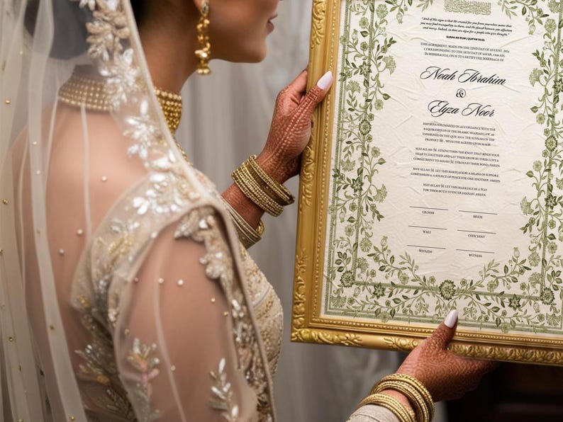 May include: A bride holds a framed wedding certificate with a floral border. The certificate is for Noah Ibrahim and Elyza Noor. The bride is wearing a white and gold embroidered dress and a veil.
