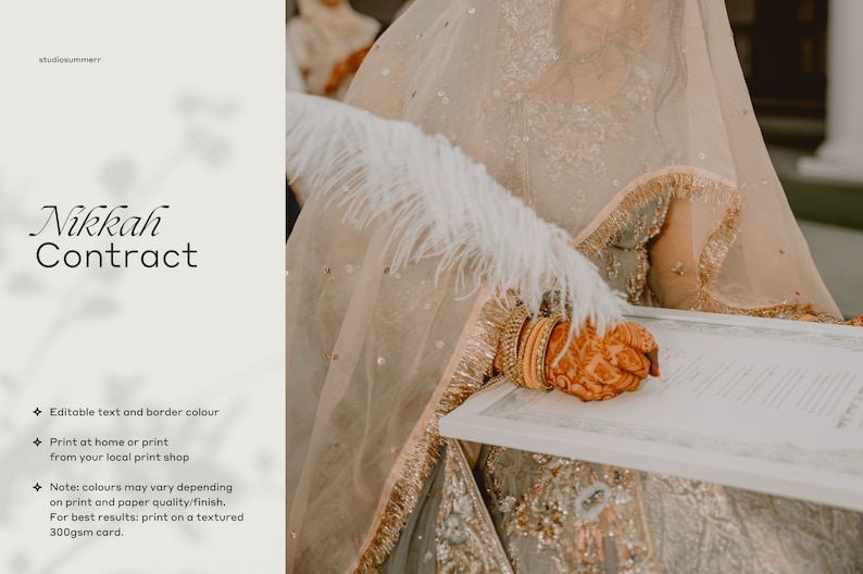 Może przedstawiać: Białe pi&oacute;ro spoczywa na białym dokumencie z ozdobną ramką. Dokument nosi tytuł "Nikkah Contract" i zawiera instrukcje dotyczące drukowania i personalizacji dokumentu. Dokument jest podpisywany przez osobę ubraną w tradycyjny indyjski str&oacute;j.