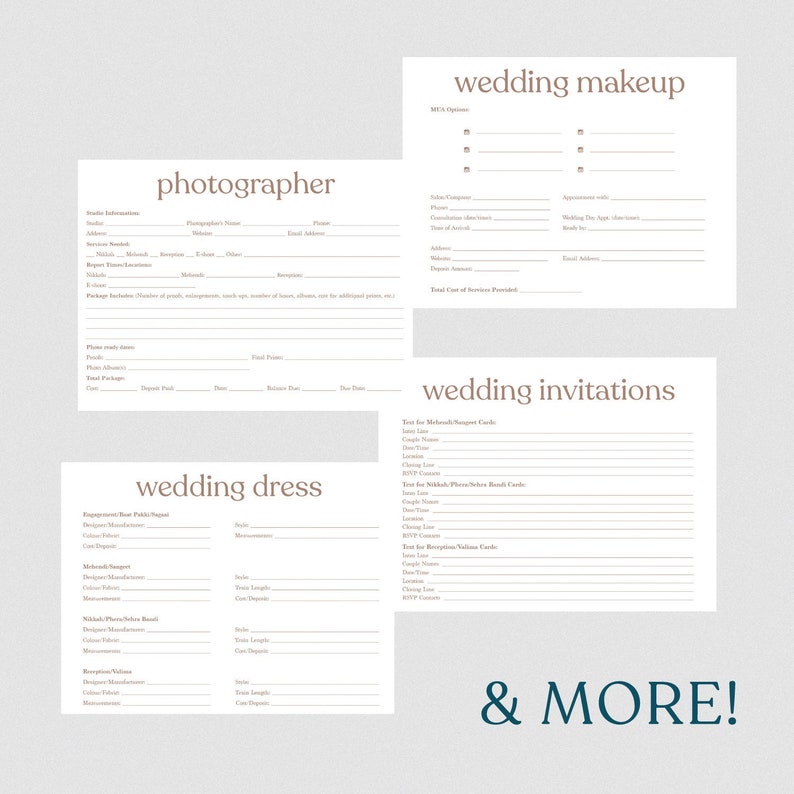 Puede incluir: Una lista de verificaci&oacute;n imprimible para la planificaci&oacute;n de una boda. La lista de verificaci&oacute;n incluye secciones para el fot&oacute;grafo, el vestido de novia, el maquillaje de boda y las invitaciones de boda. El texto "& M&Aacute;S!" est&aacute; en la parte inferior de la p&aacute;gina.