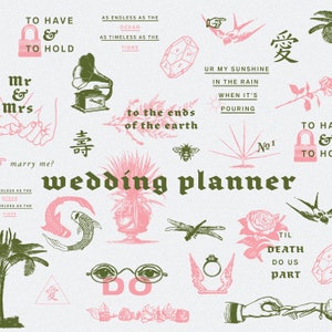 Puede incluir: Un planificador de bodas con ilustraciones de varios s&iacute;mbolos relacionados con la boda, incluyendo un candado y una llave, un gram&oacute;fono, una lib&eacute;lula, una rosa, un par de gafas y una palmera. El texto "wedding planner" est&aacute; escrito en letras grandes, negritas y verdes.
