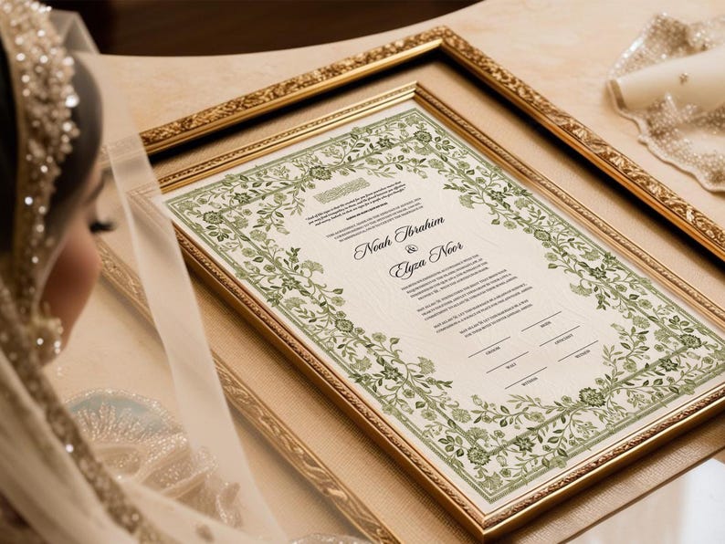 May include: A framed document with a green floral border. The document is a Ketubah, a Jewish marriage contract, and includes the names "Noah Ibrahim" and "Elyza Noor".