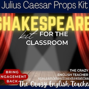 Op de afbeelding: Een digitale afbeelding voor een Shakespeare-toneelset voor in de klas. De afbeelding toont een rode gordijn achtergrond, een schijnwerper en de tekst "Julius Caesar Props Kit", "Shakespeare", "Kit voor de klas", "Breng betrokkenheid terug", "The Crazy English Teacher" en "etsy.com/shop/CrazyEnglishTeacher".