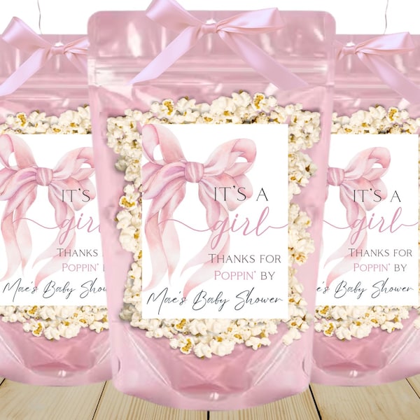 Pink Bow Baby Shower Favors Blush Pink It's a Girl Baby Shower Pink Coquette Bow Guest Gifts Ready to Pop Popcorn Treat Bags Personalized