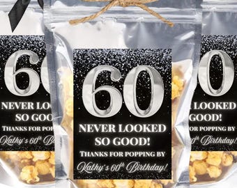 Recuerdos para fiesta de cumpleaños número 60, regalo de cumpleaños número 60 en negro y plata para invitados, envejecido a la perfección, bolsas para cena de cumpleaños, hito 50, 70 y 80