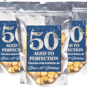 Men&#39;s 50th Birthday Party Favor Aged to Perfection Fiftieth Birthday Gift for Guest Dinner Party Popcorn Treat Bag Navy Blue Silver 60 70 80