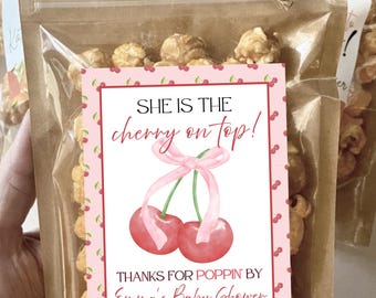 Cherry Baby Shower Favors She is the Cherry On Top Girl Pink Bow Cherry Baby Shower Gifts for Guests Popcorn Treat Bag Cherries Shower Decor