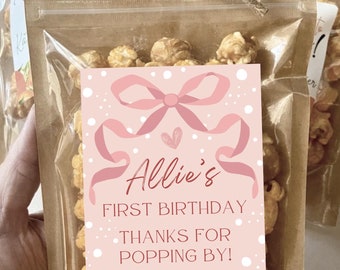 Pink Bow First Birthday Girl Pink Ribbon 1st Birthday Party Favors Blush Pink Popcorn Bag Baby Shower Favor Treat Bag Minimalist Pink Ribbon