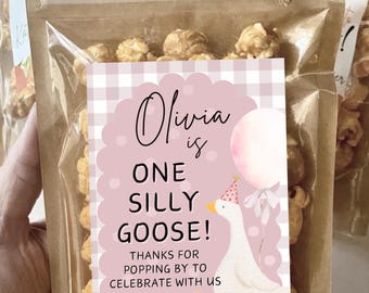 ONE Silly Goose Birthday Party Favors Pink Goose Girl First Birthday Gift for Guests Party Decor 1st Birthday Popcorn Treat Bags Name Gift
