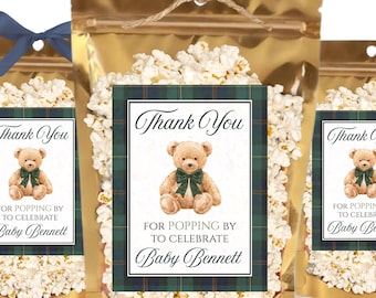 Vintage Polo Teddy Baby Shower Favors Plaid Bear Preppy Lauren Baby Shower Gift for Guests Popcorn Gift Bags Personalized Shower Name Gift