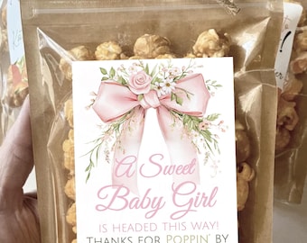 Pink Bow Baby Shower Favors Floral Girl Baby Shower Gift for Guests Popcorn Treat Bags Personalized Baby Name Shower Decorations Blush Pink