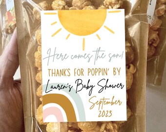 Here Comes the Son Baby Shower Favors Sunshine Popcorn Treat Bags Custom Party Favors Baby Boy Sun Shower Theme Ready to Pop Guest Gifts