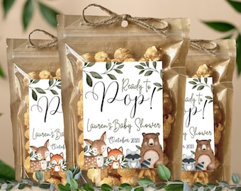 Woodland Baby Shower Favors Ready to Pop Popcorn Bags About to Pop Favor Tags personalized treat bags Baby Deer Forest Animals Baby boy girl