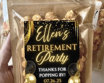 Retirement Party Favors Retirement Dinner Gifts for Guests Popcorn Treat Bags Personalized Black Gold Party Decor Retired Life Party Gifts