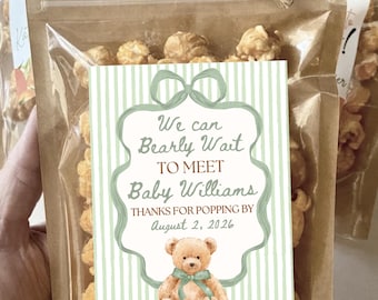 We can Bearly Wait Teddy Bear Baby Shower Favors Sage Green Neutral Baby Shower Gift for Guests Personalized Popcorn Treat Bag with Stickers