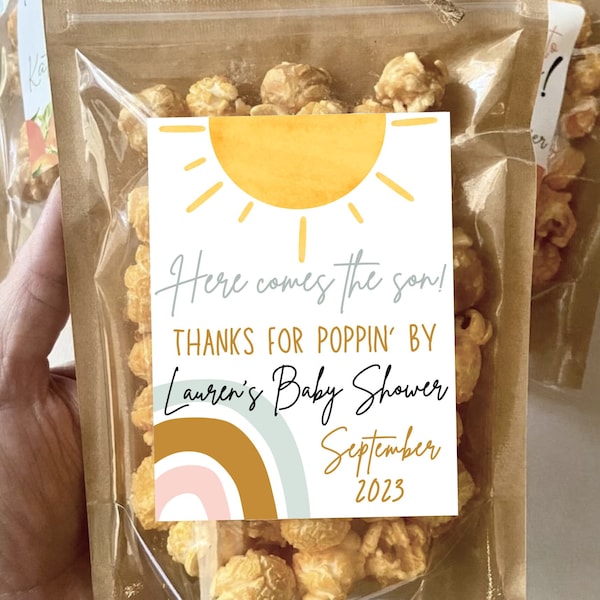 Here Comes the Son Baby Shower Favors Sunshine Popcorn Treat Bags Custom Party Favors Baby Boy Sun Shower Theme Ready to Pop Guest Gifts