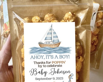 Ahoy It's A Boy Nautical Baby Shower Favors Ready to Pop Popcorn Treat Candy Bags Sailboat Ocean Theme Shower Gifts Custom Guest Gifts Bulk