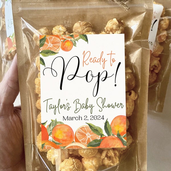 A Little Cutie Baby Shower Ready to Pop Favor Treat Bags Popcorn Bags About to Pop Orange Citrus Favors Custom Favor Bags Baby Boy Girl