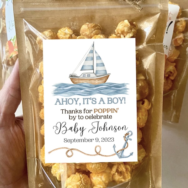 Ahoy It's A Boy Nautical Baby Shower Ready to Pop Favor Treat Bags Sailboat Ocean Popcorn Bags About to Pop Favors Custom Bags Baby Boy