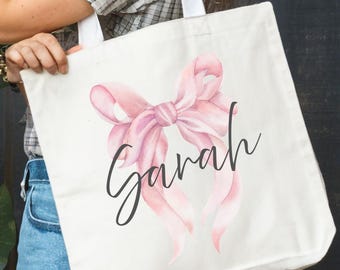 Bow Personalized Canvas Tote Bag Bachelorette Bridesmaids Gifts Birthday Gift for Her Bridal Shower Gift Coquette Bow Custom Name Tote Bag