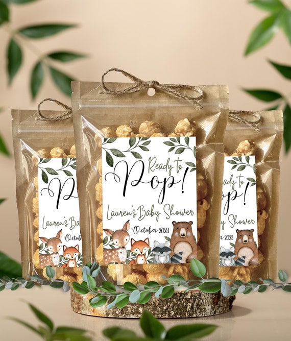 Woodland Baby Shower Favors Ready to Pop Popcorn Bags About to Pop Favor Tags personalized treat bags Baby Deer Forest Animals Baby boy girl