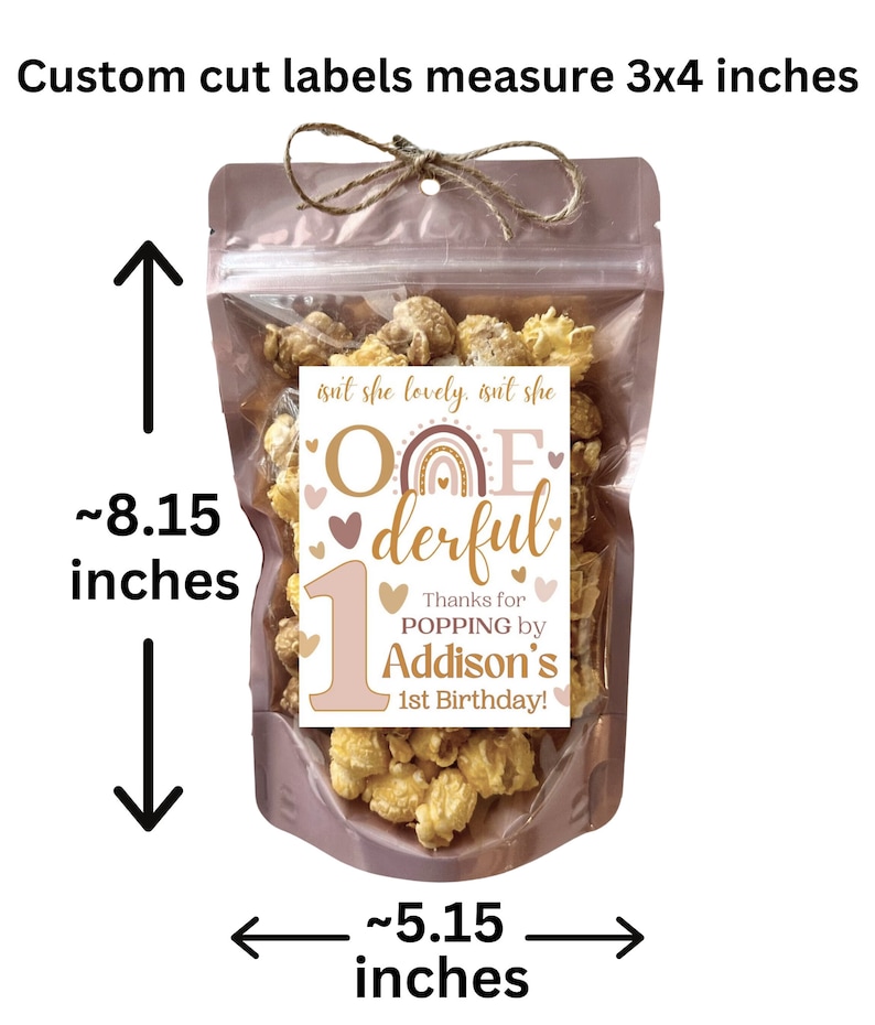 Pu&ograve; includere: Un sacchetto di plastica trasparente pieno di popcorn e un'etichetta rosa e marrone che dice "One-derful" con un arcobaleno e cuori. L'etichetta dice anche "Grazie per essere venuto al 1&deg; compleanno di Addison!" Il sacchetto &egrave; alto 8,15 pollici e largo 5,15 pollici.