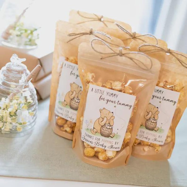 Classic Winnie the Pooh Baby Shower Favors A Little Hunny is on the Way Pooh Birthday Favor Popcorn Bags We can Bearly Wait Gender Neutral image 2