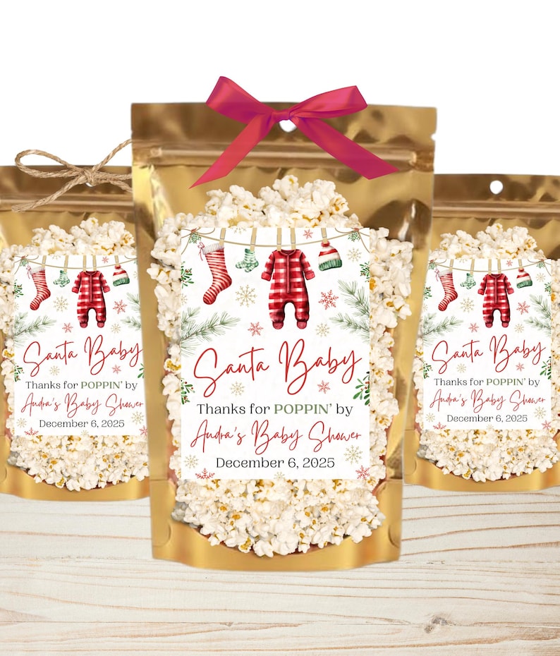 Santa Baby Shower Favors Christmas Baby Shower Popcorn Bags Winter Baby Ready to Pop Personalized Guest Gifts Gender Neutral Baby Clothes image 2