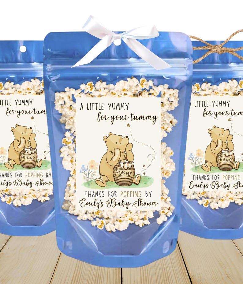 Classic Winnie the Pooh Baby Shower Favors A Little Hunny is on the Way Pooh Birthday Favor Popcorn Bags We can Bearly Wait Gender Neutral image 7