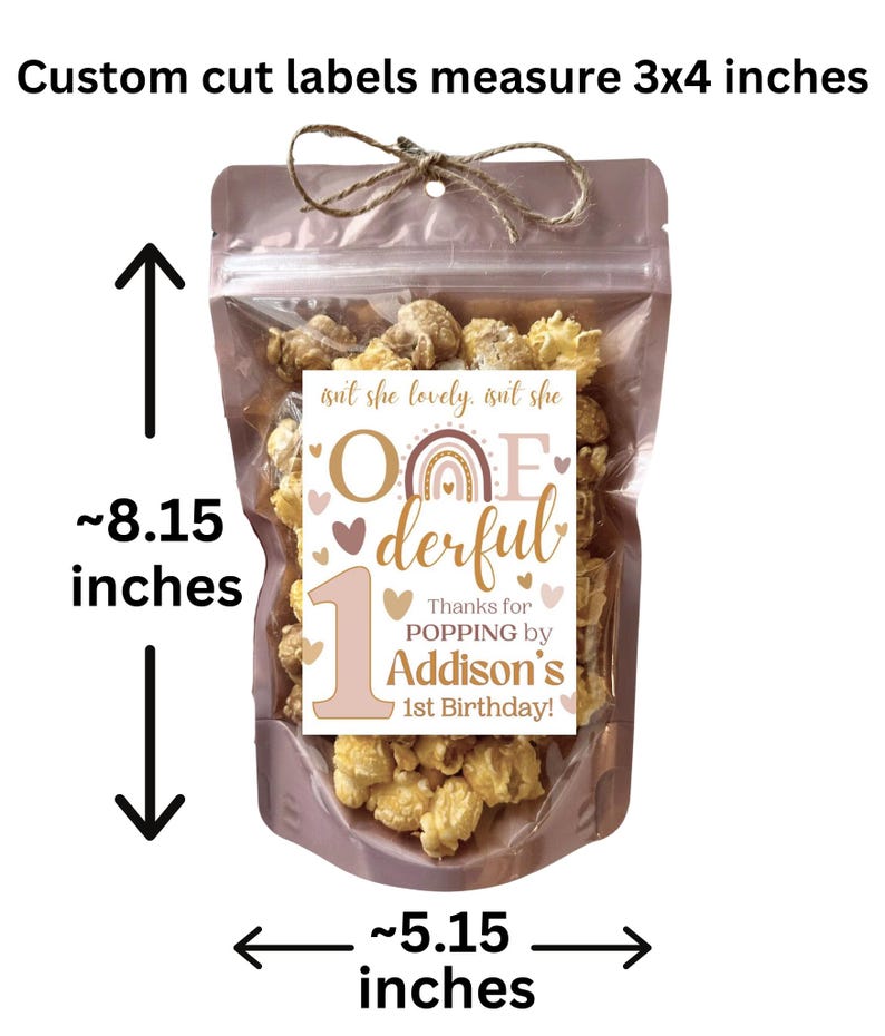 May include: A clear stand-up pouch filled with popcorn, featuring a label that reads "isn't she lovely, isn't she ONEderful, Thanks for POPPING by Addison's 1st Birthday!". The pouch measures 8.15 by 5.15 inches, with a 3x4 inch label and twine bow.