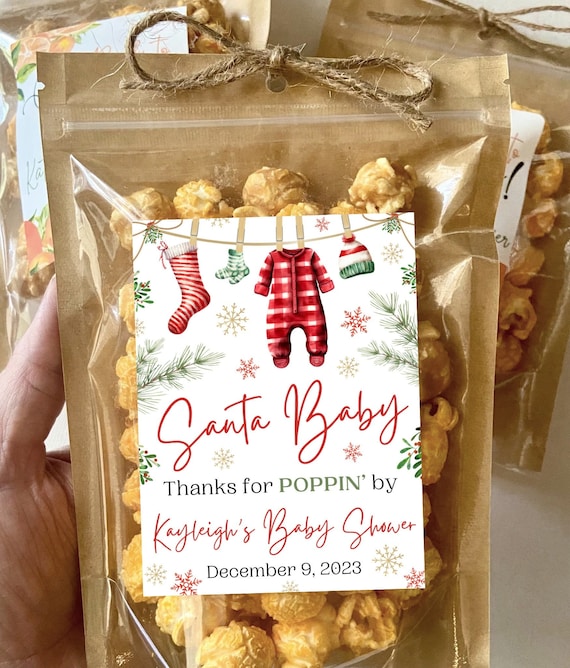 Santa Baby Shower Favors Christmas Baby Shower Popcorn Bags Winter Baby Ready to Pop Personalized Guest Gifts Gender Neutral Baby Clothes