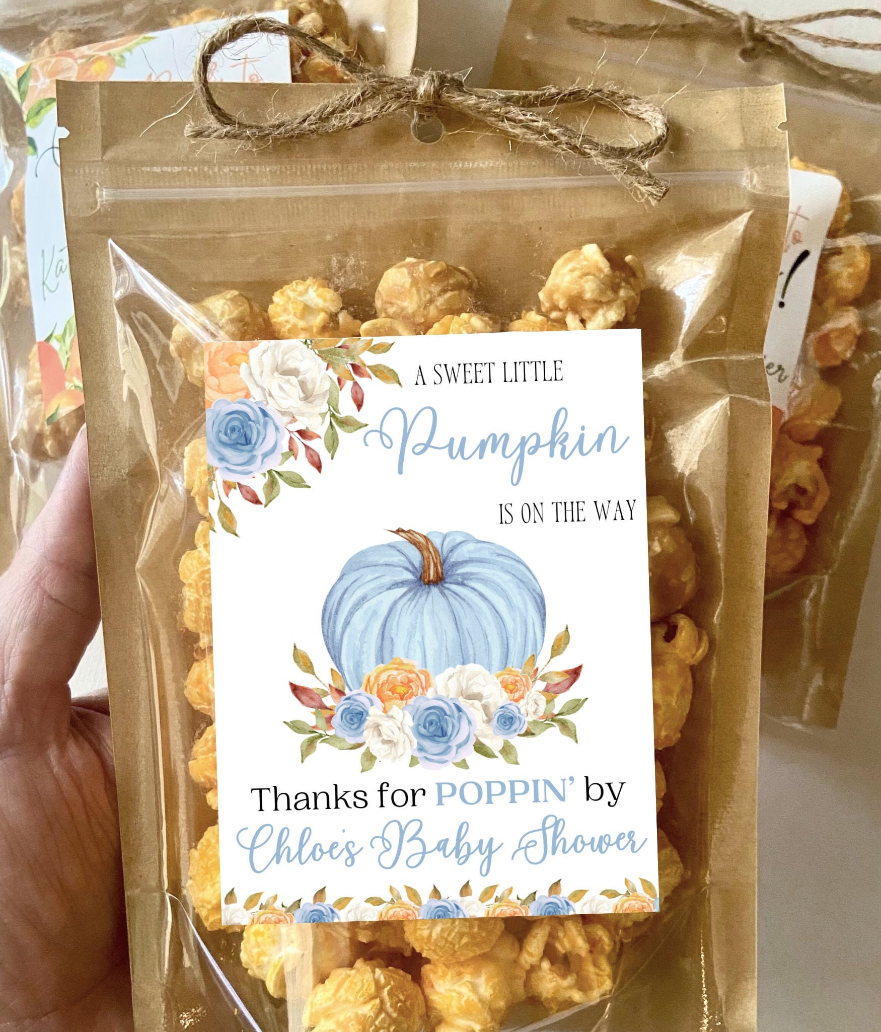 Blue Pumpkin Baby Shower Favors Popcorn Treat Bags A Sweet Little Pumpkin Favor Personalized Fall Theme Bag Baby Boy Ready to Pop Favor Tags