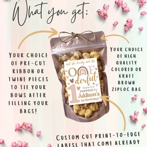 May include: A pink and brown favor bag filled with popcorn and a custom label that says "One Derful" with a rainbow and hearts. The label also says "Thanks for Popping by Addison's 1st Birthday!"