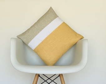 Honey Yellow, White, & Natural Color Block Pillow Cover designed by MyStyleToo LLC.