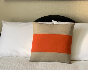 Rustic Modern Pillow Cover in Rustic Natural and Burnt Orange Linen designed by MyStyleToo LLC.