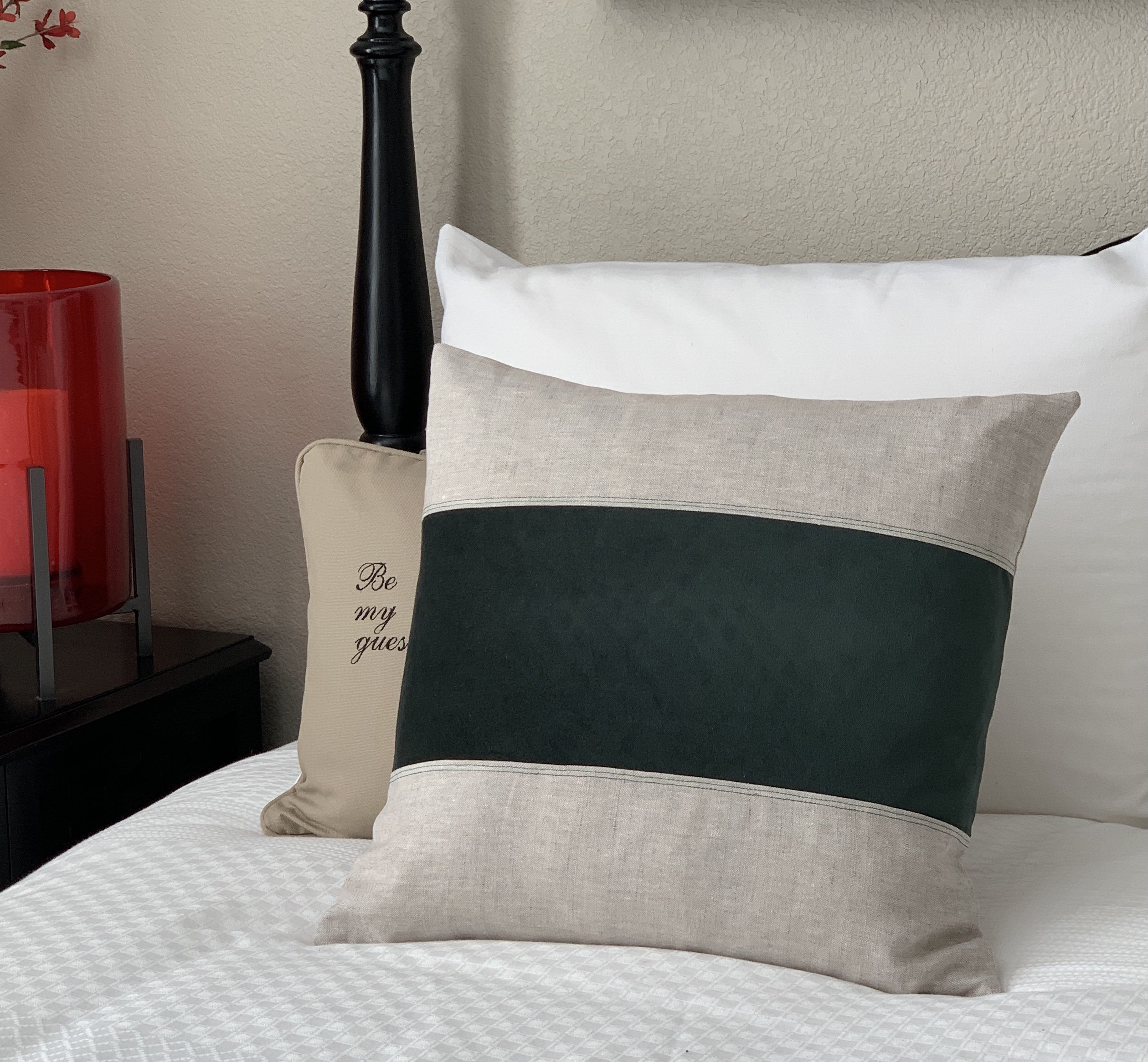 Hunter Green Cotton Velvet and Soft Natural Linen Pillow Cover by