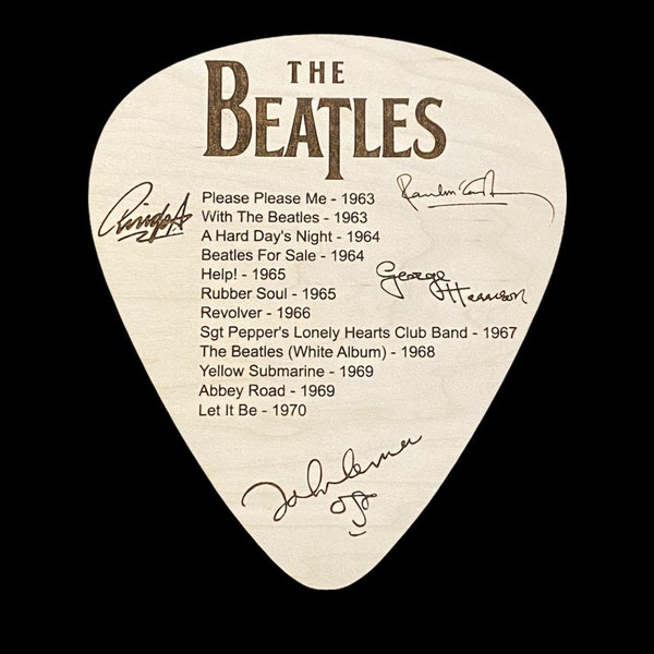 The Beatles LARGE Guitar Pick with Discography and Facsimile Autographs 8" x 7 " Laser Engraved John Lennon Paul McCartney Ringo G. Harrison