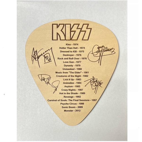 KISS EXTRA LARGE Guitar Pick with Discography and Facsimile Autographs 12" x 10" Laser Engraved