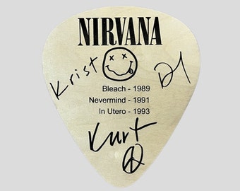 Nirvana LARGE Guitar Pick with Discography and Facsimile Autographs 8" x 7" Laser Engraved