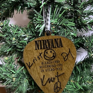 Nirvana Christmas Ornament Guitar Pick with Discography and Facsimile Autographs 4.5&quot; x 3.5&quot; Laser Engraved - Ships Within 1 Day