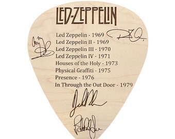 Led Zeppelin LARGE Guitar Pick con Discografía y Facsímil Autógrafos 8" x 7" Grabado Láser