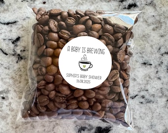 Custom Cute Baby Shower Party Favors Treat Bags with Labels Sticker, A Baby is Brewing, coffee or tea, Concept design custom heart colors