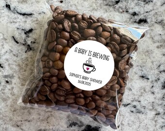 Custom Cute Baby Shower Party Favors Treat Bags with Labels Sticker, A Baby is Brewing, coffee or tea, Concept design custom heart colors