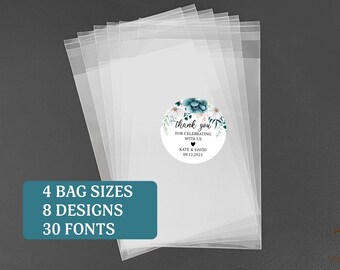 Custom Favor Treat Bags with Labels Sticker - 3x4in, 4x6in, 5x7in, 6x9in, Wedding Baby Bridal Shower Baptism Birthday Graduate Elegant