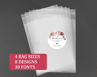 Custom Favor Treat Bags with Labels Sticker - 3x4in, 4x6in, 5x7in, 6x9in, Wedding Baby Bridal Shower Bachelorette Birthday Graduate Elegant