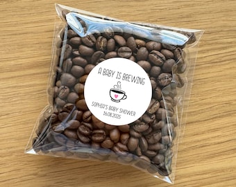 Personalized Baby Shower Party Favors Treat Bags with Labels Sticker, A Baby is Brewing, coffee or tea, Concept design custom heart colors