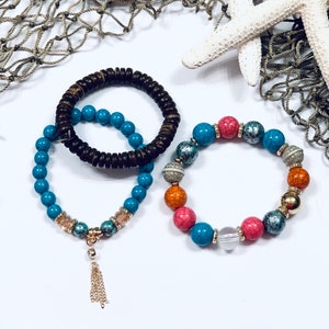 Turquoise Beaded Bracelets, Beaded Bracelet Set, Wood Bracelet, Stacking Bracelets, Stretch Bracelets