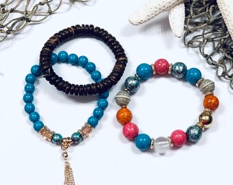 Turquoise Beaded Bracelets, Beaded Bracelet Set, Wood Bracelet, Stacking Bracelets, Stretch Bracelets