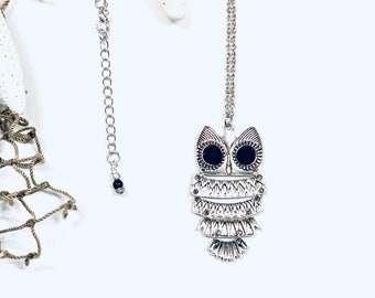 Owl Necklace, Hoot Owl Necklace, Owl Necklace Pendant, Owl Lovers Gift, Cute Owl, Silver Owl Necklace, with Black Faceted Rhinestone Eyes